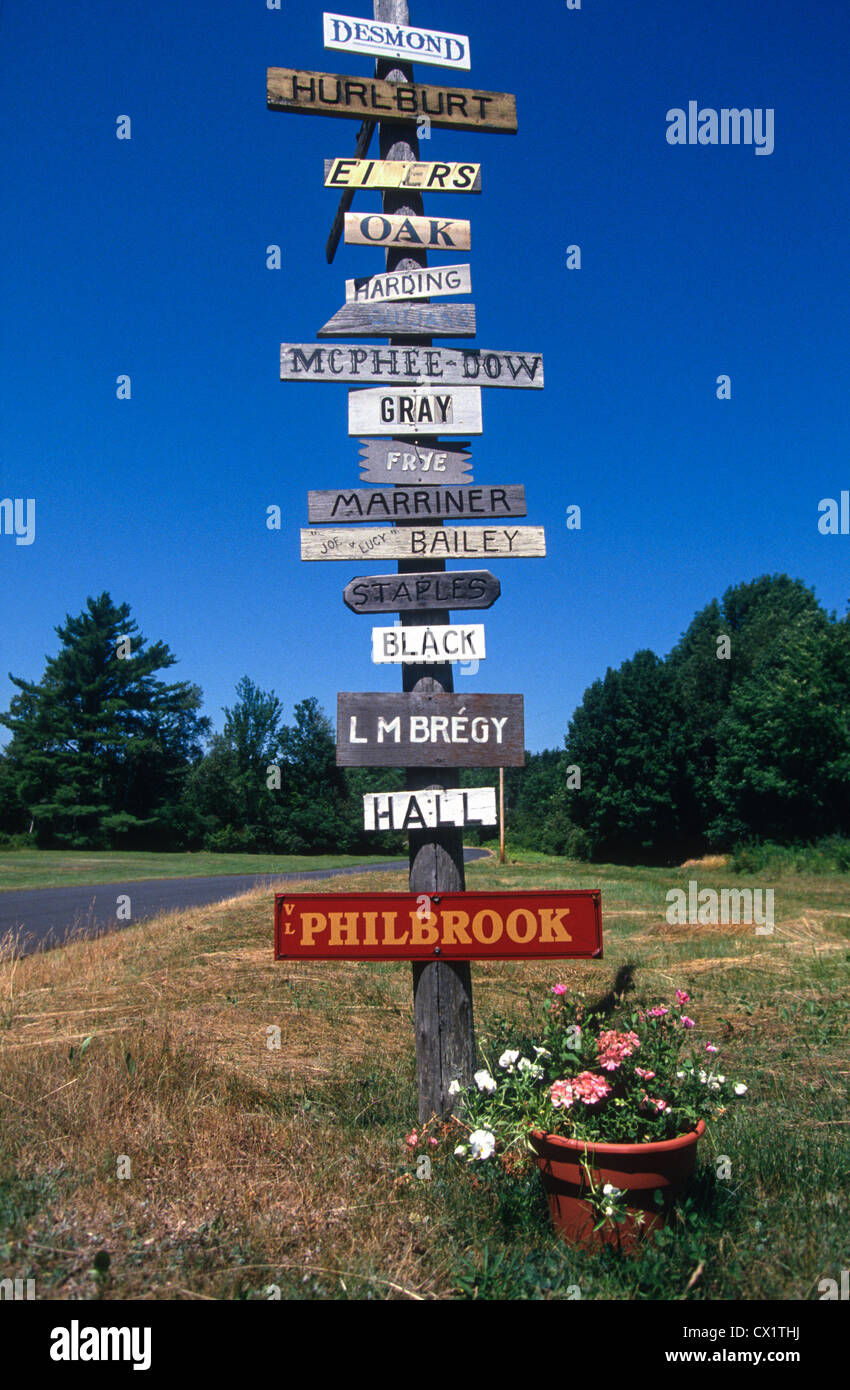 Family name signs on a rural road Liberty Maine. Stock Photo
