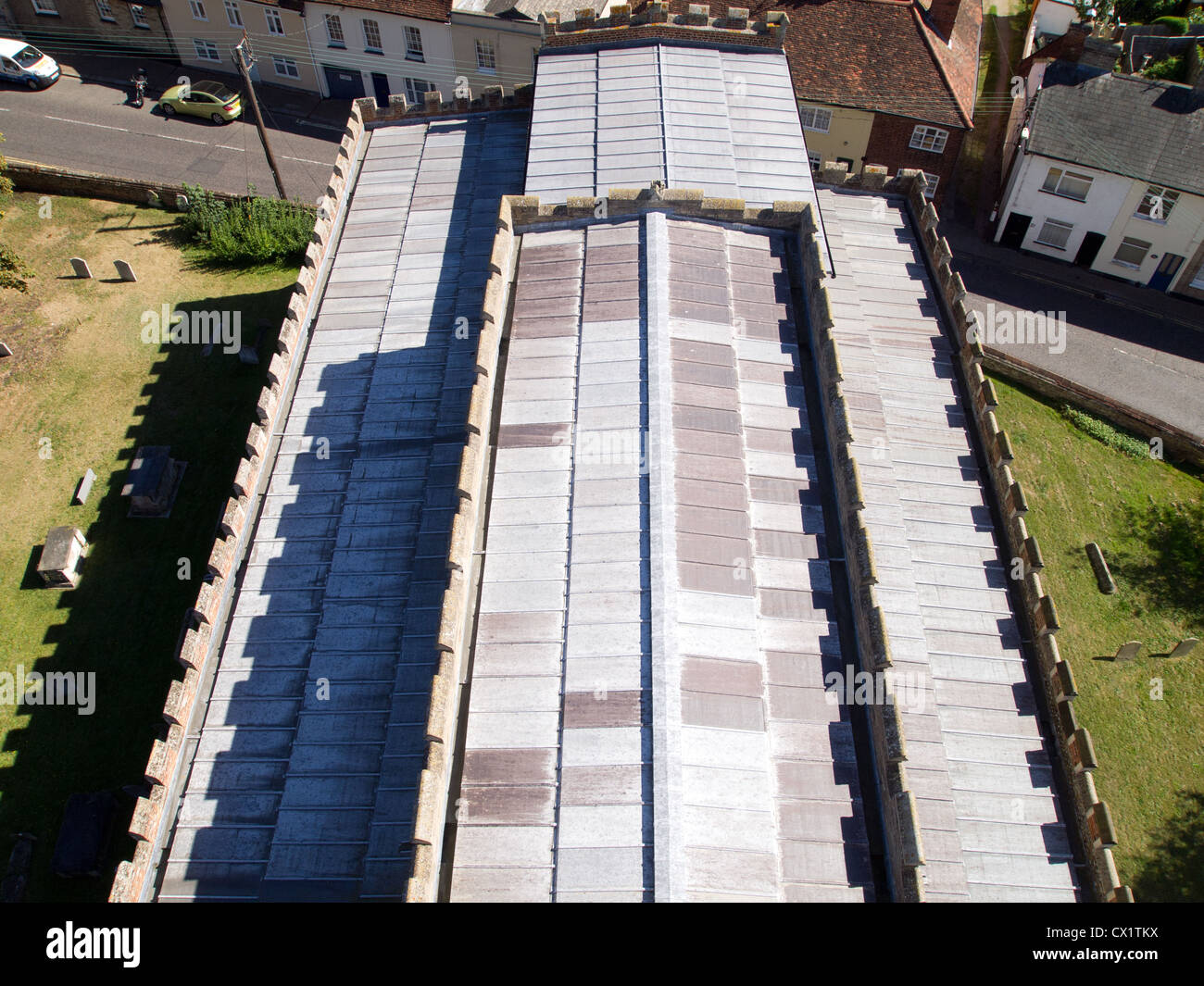 a aerial view of the lead roof on All Saint's Church, Sudbury, Suffolk. Stock Photo