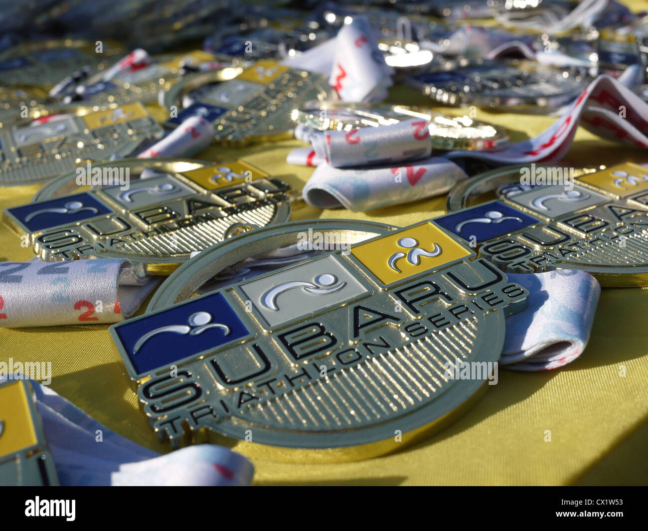 medals shiny table Stock Photo
