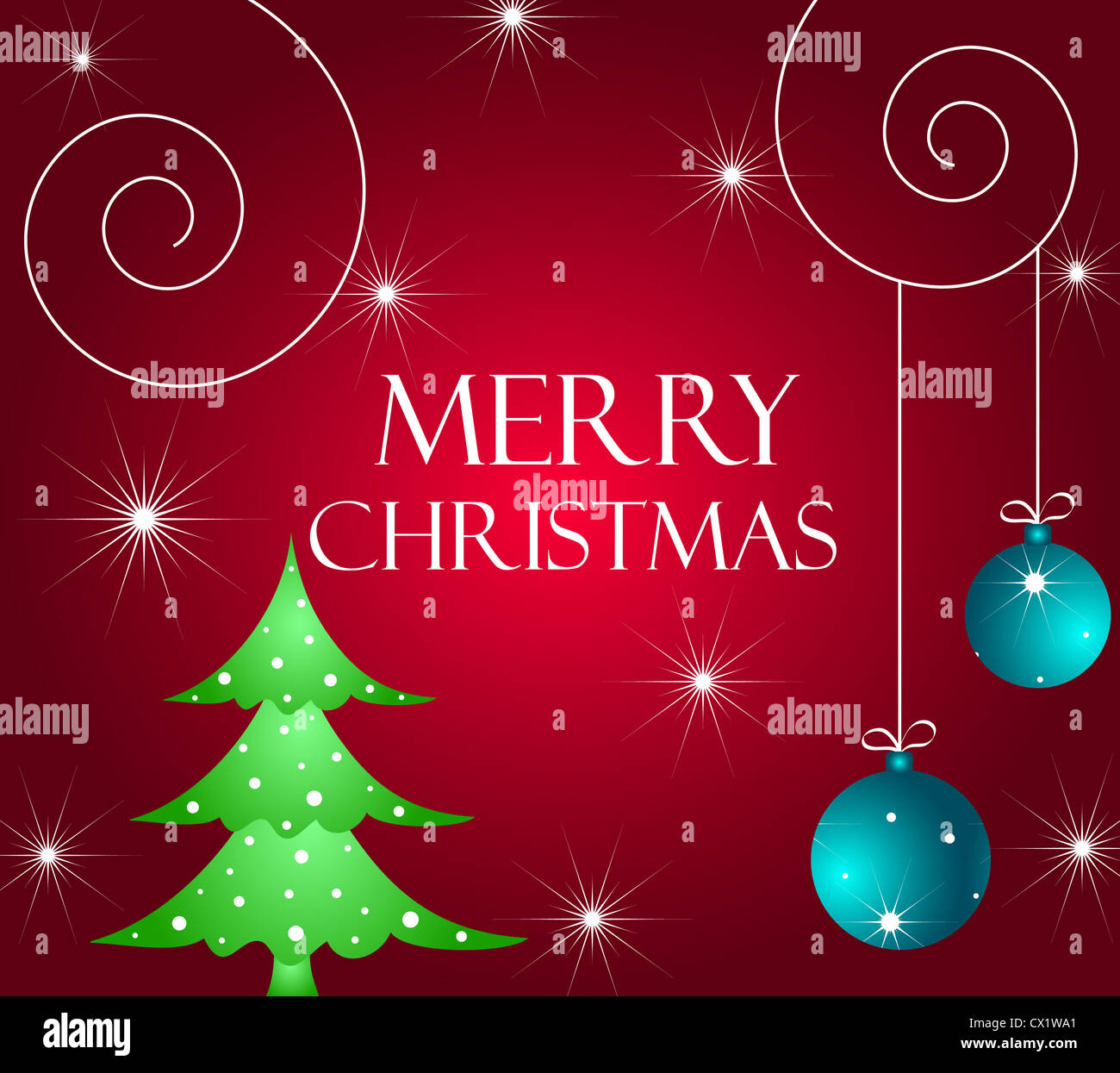 Merry Christmas greetings with tree and baubles Stock Photo