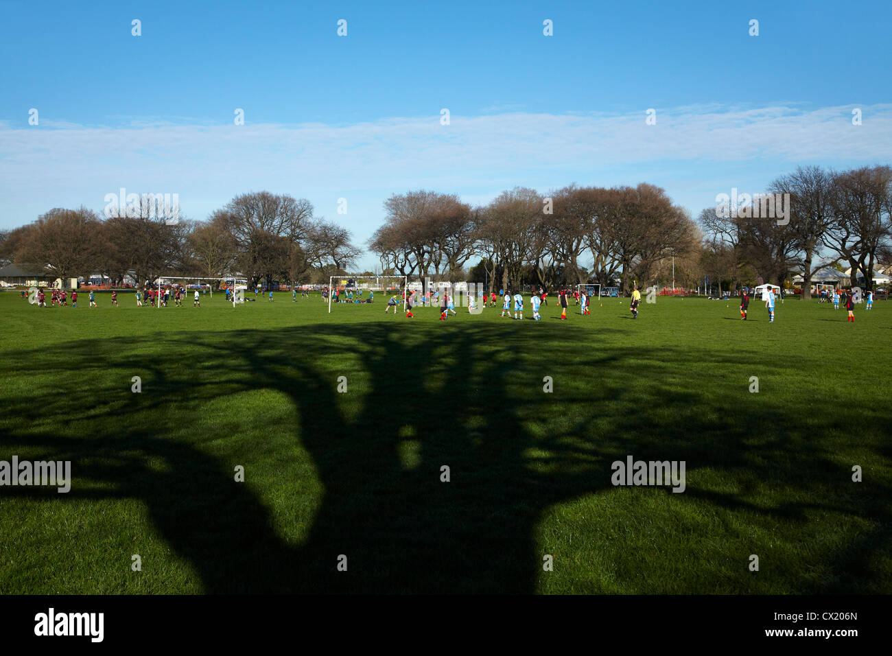 Intermediate football tournament, Hagley Park, Christchurch, Canterbury, South Island, New Zealand Stock Photo