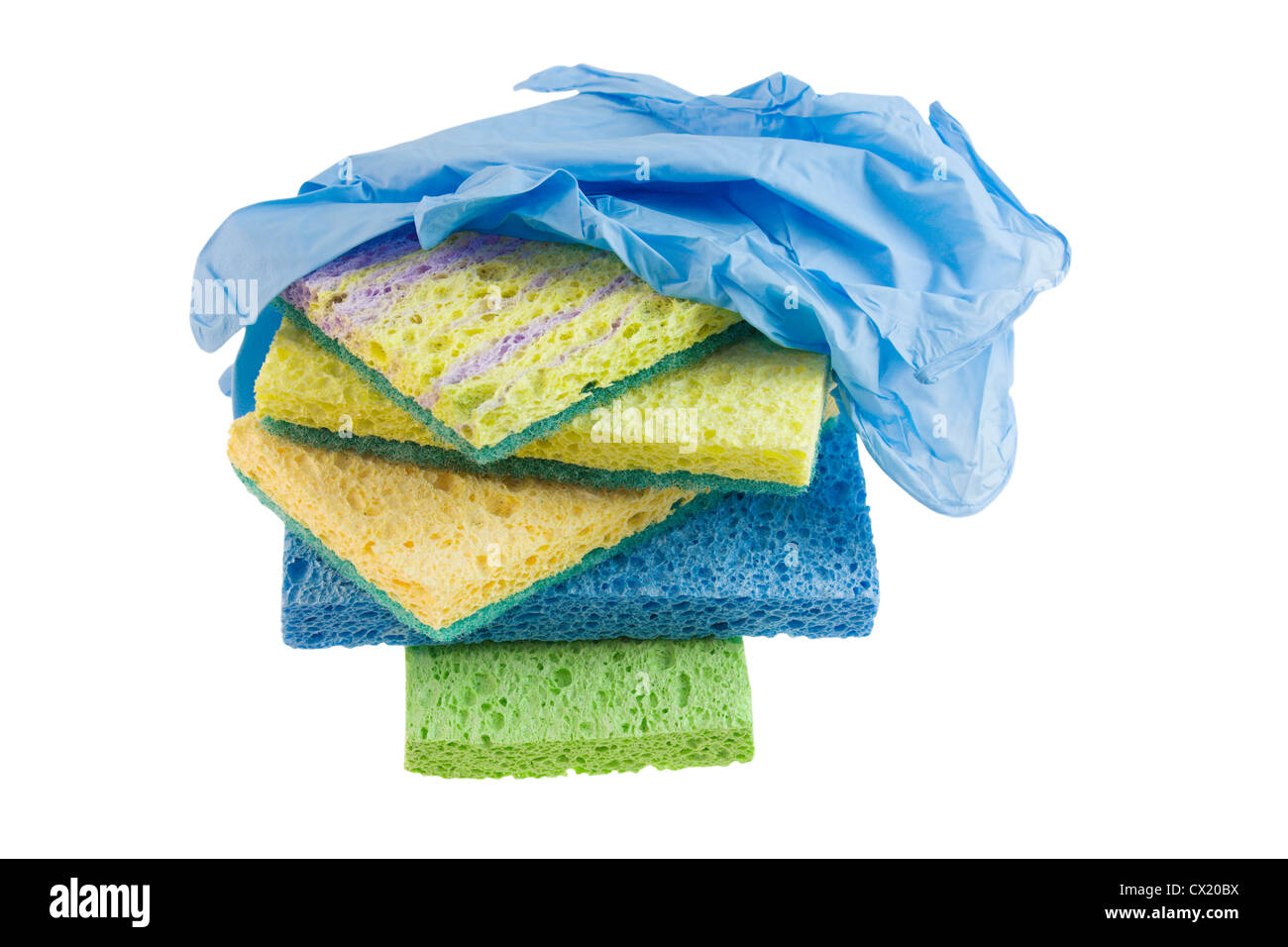 stack of colorful cleaning sponges with blue disposable glove isolated on white Stock Photo