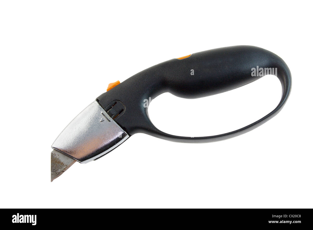 black handled utility knife with hand guard and retractable blade