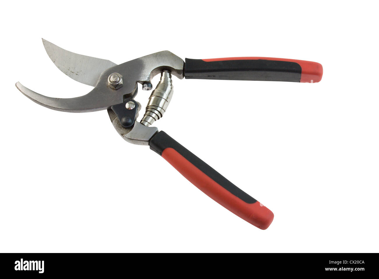 steel pruning shears with orange and black handles on white Stock Photo