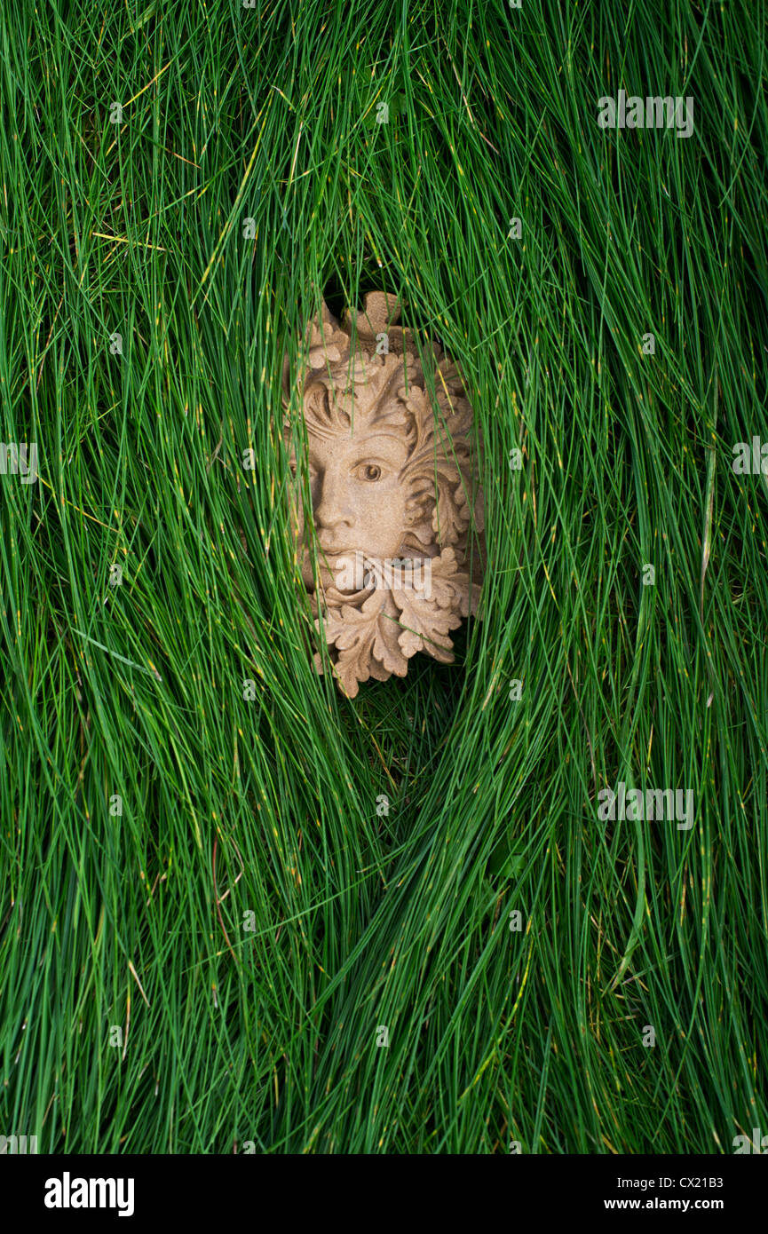 Green man plaque in long grass Stock Photo