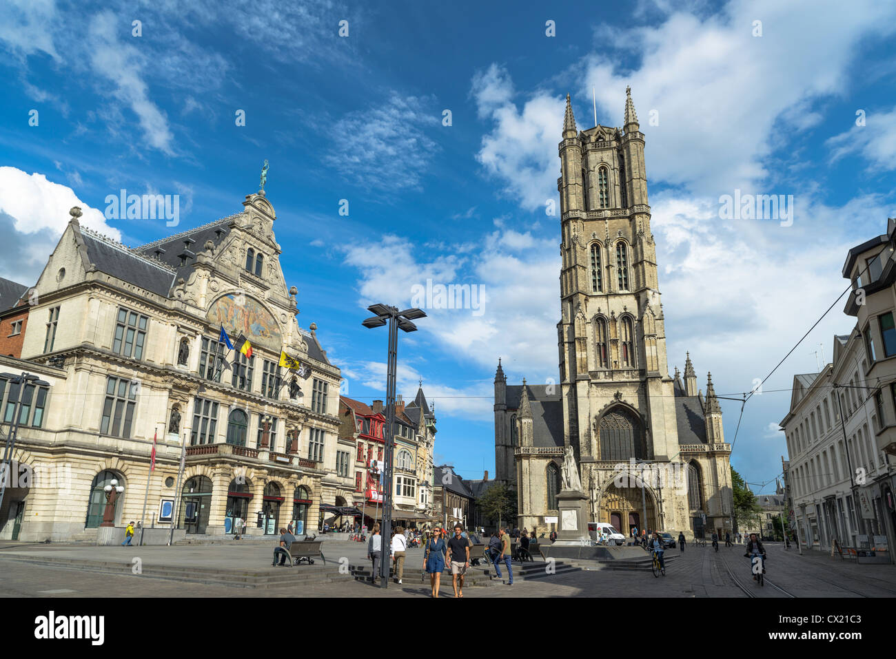 Groot Huis Theatre with Saint Bavo Cathedral, Sint Baafsplein, Ghent, Flanders,Belgium Stock Photo