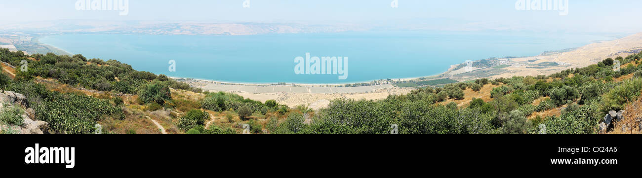 Panorama of Kinneret entirely, top view (Mitzpe-le-Shalom on the Golan Heights). Stock Photo
