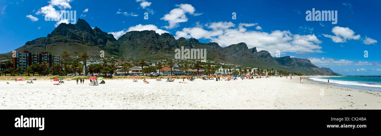 Camps Bay beach and Seven Apostle Table Mountain range, Cape Town South Africa Stock Photo