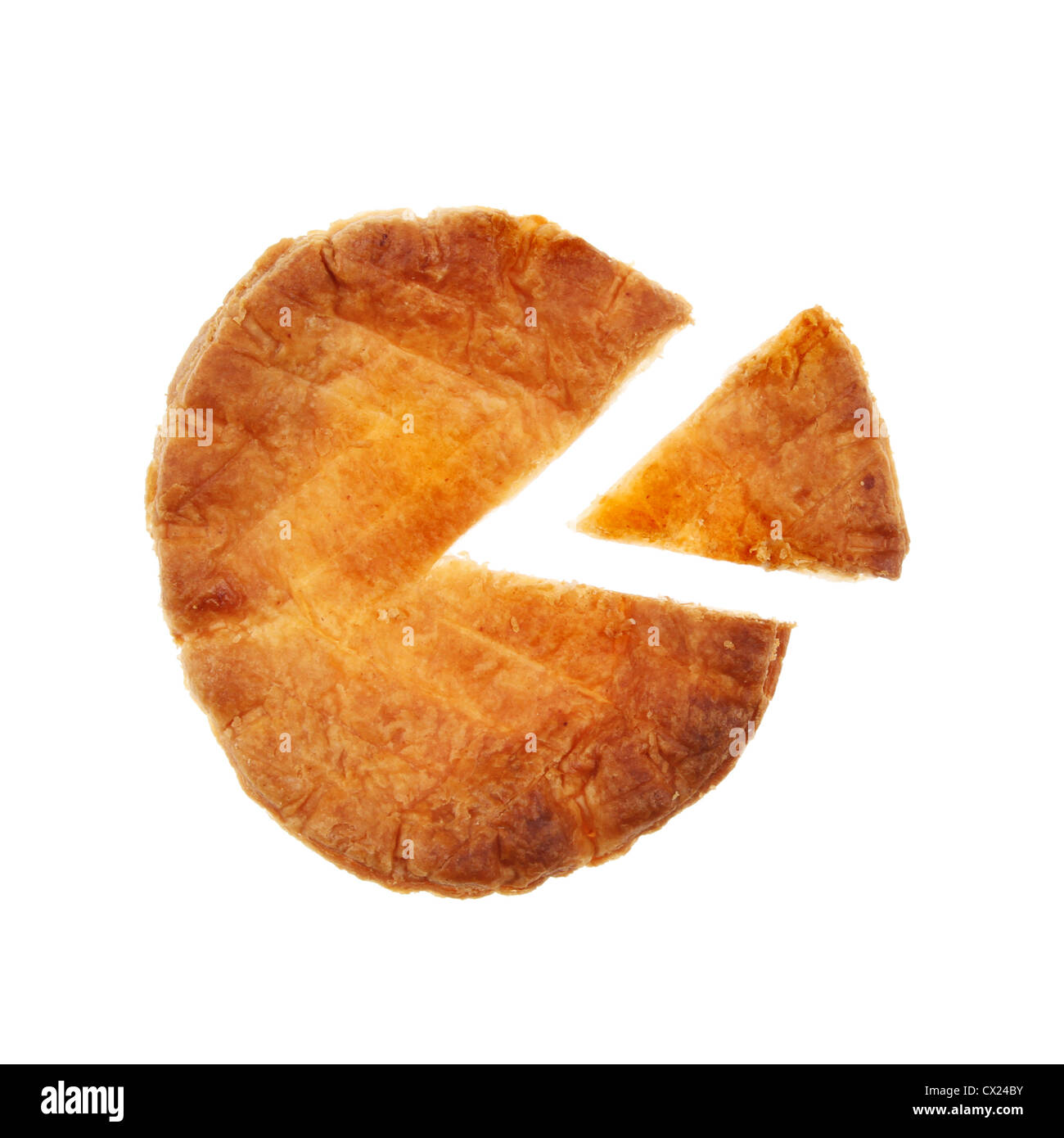 Pastry pie top as a pie chart isolated against white Stock Photo