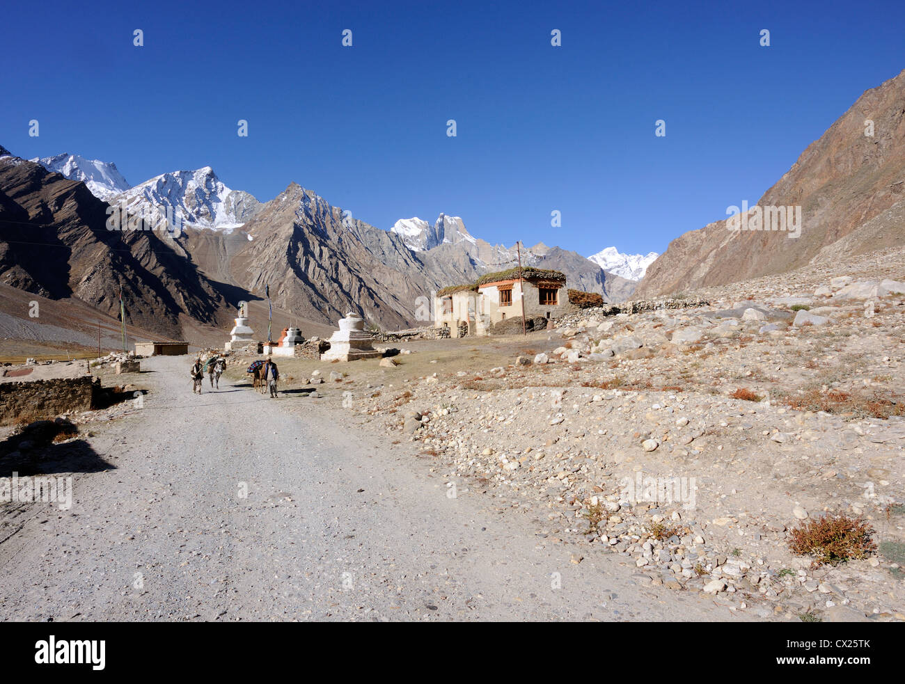 Travellers with pack horses on  the road from Kargil into the Zanskar valley. Panikhar, Zanscar, Ladakh. Stock Photo