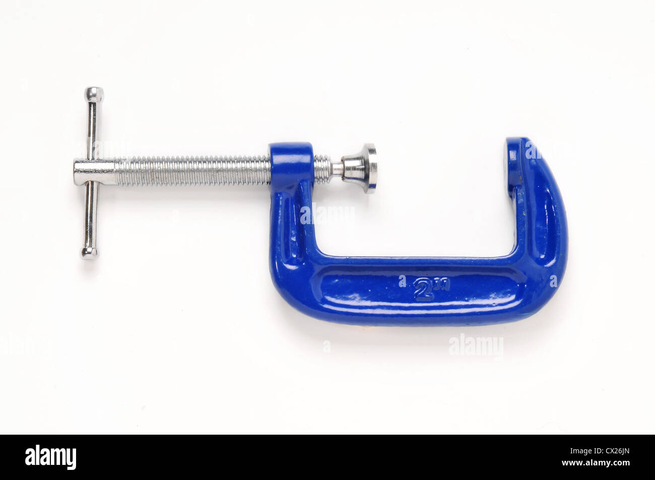 A blue G clamp open nearly fully and shot from above Stock Photo
