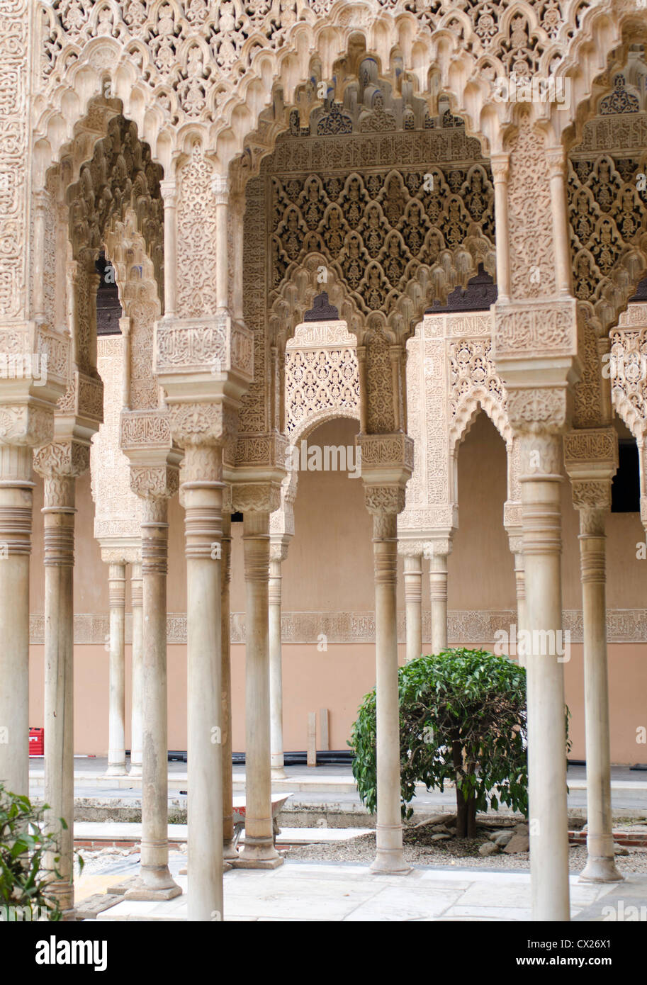 A Court Yard  with carved stone pillars in the Alhambra Palace Stock Photo