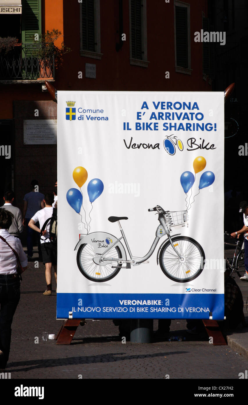 Tourist bike hire advertising poster to be found in the city of   Verona ,Italy Stock Photo