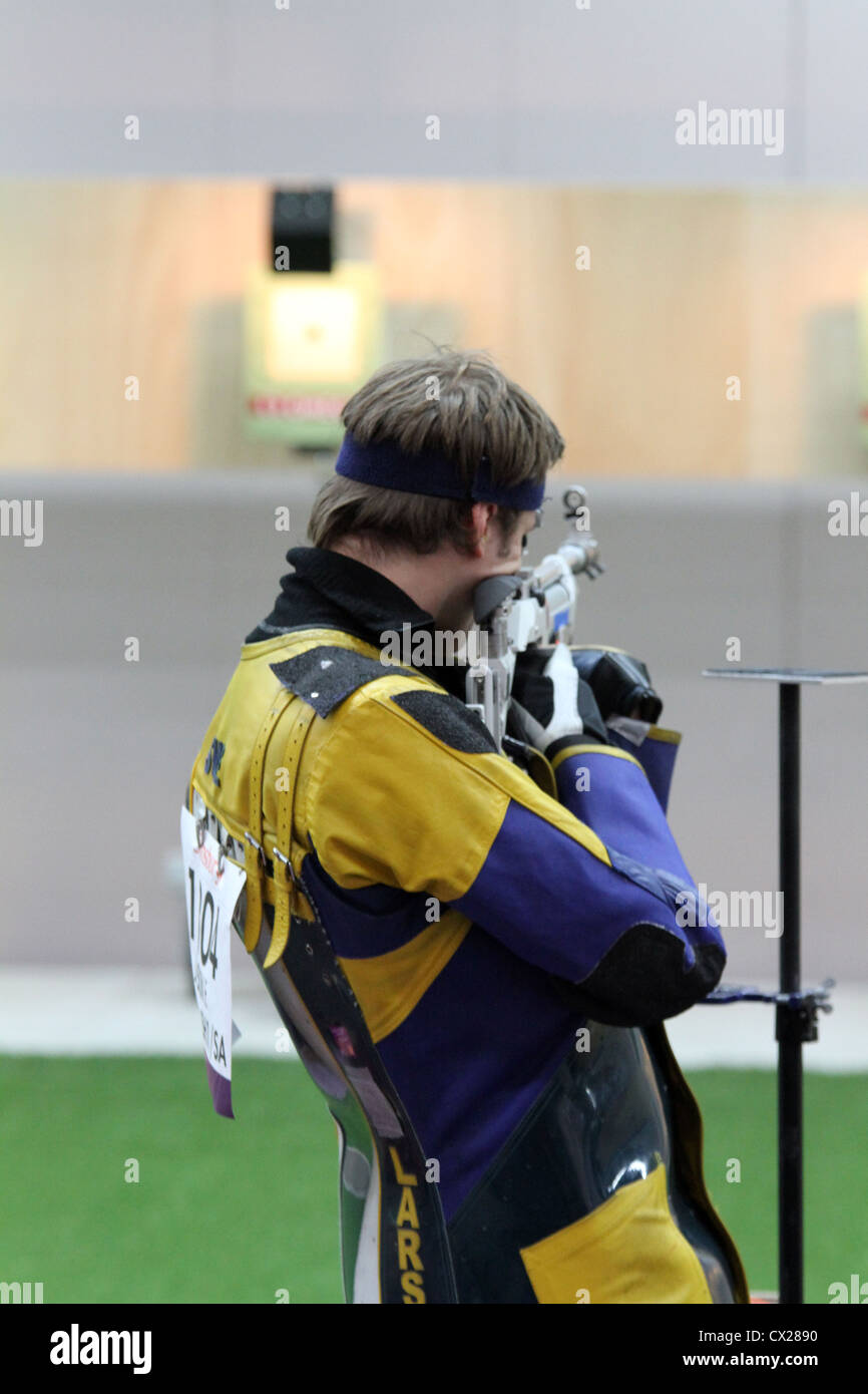 Fredrik Larsson of Sweden in the Men's R1-10m Air Rifle Standing SH1 shooting competition at the Royal artillery barracks Stock Photo