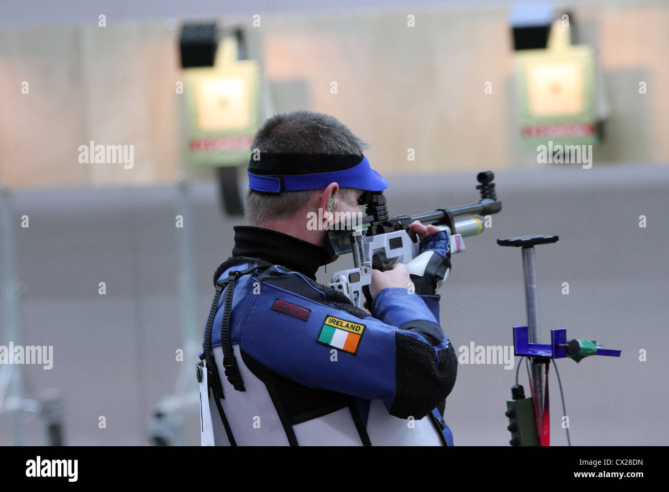 Sean Baldwin of Ireland in the Men's R1-10m Air Rifle Standing SH1 shooting competition at the Royal artillery barracks Stock Photo