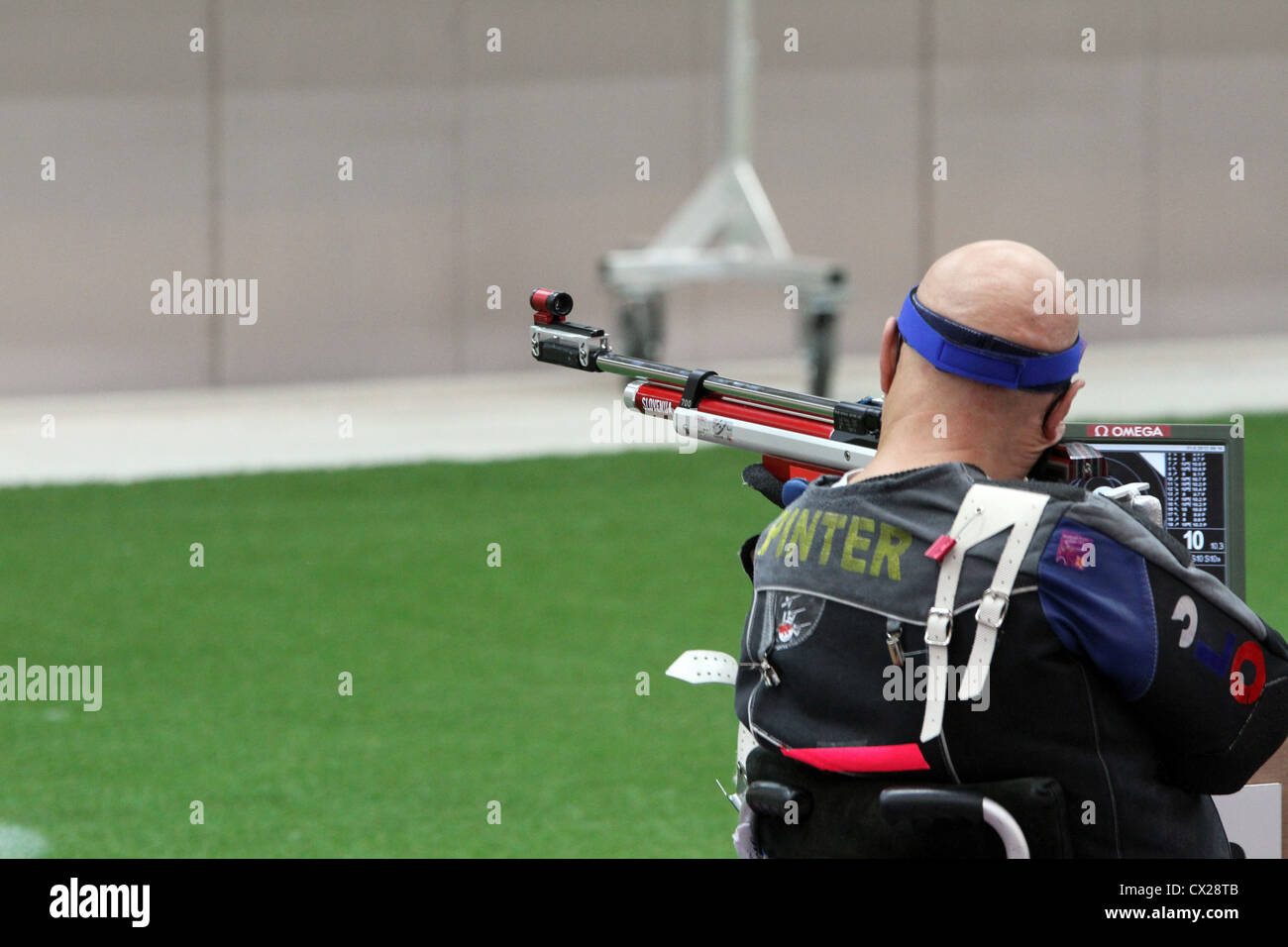 Franc Pinter of Slovenia in the Men's R1-10m Air Rifle Standing SH1 shooting competition at the Royal artillery barracks Stock Photo