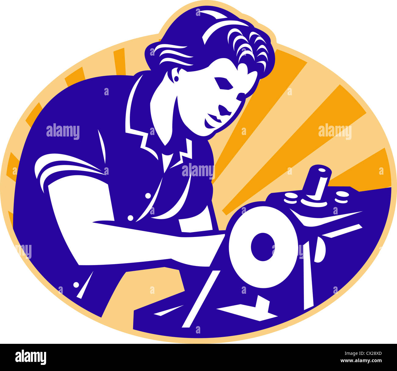 Illustration of a female machinist seamstress worker sewing on machine set inside circle done in retro style. Stock Photo