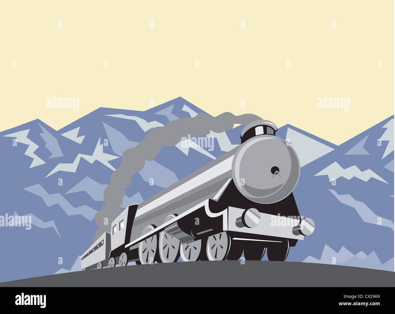 Illustration of a steam train locomotive viewed from a low angle done in retro style with mountains in the background. Stock Photo