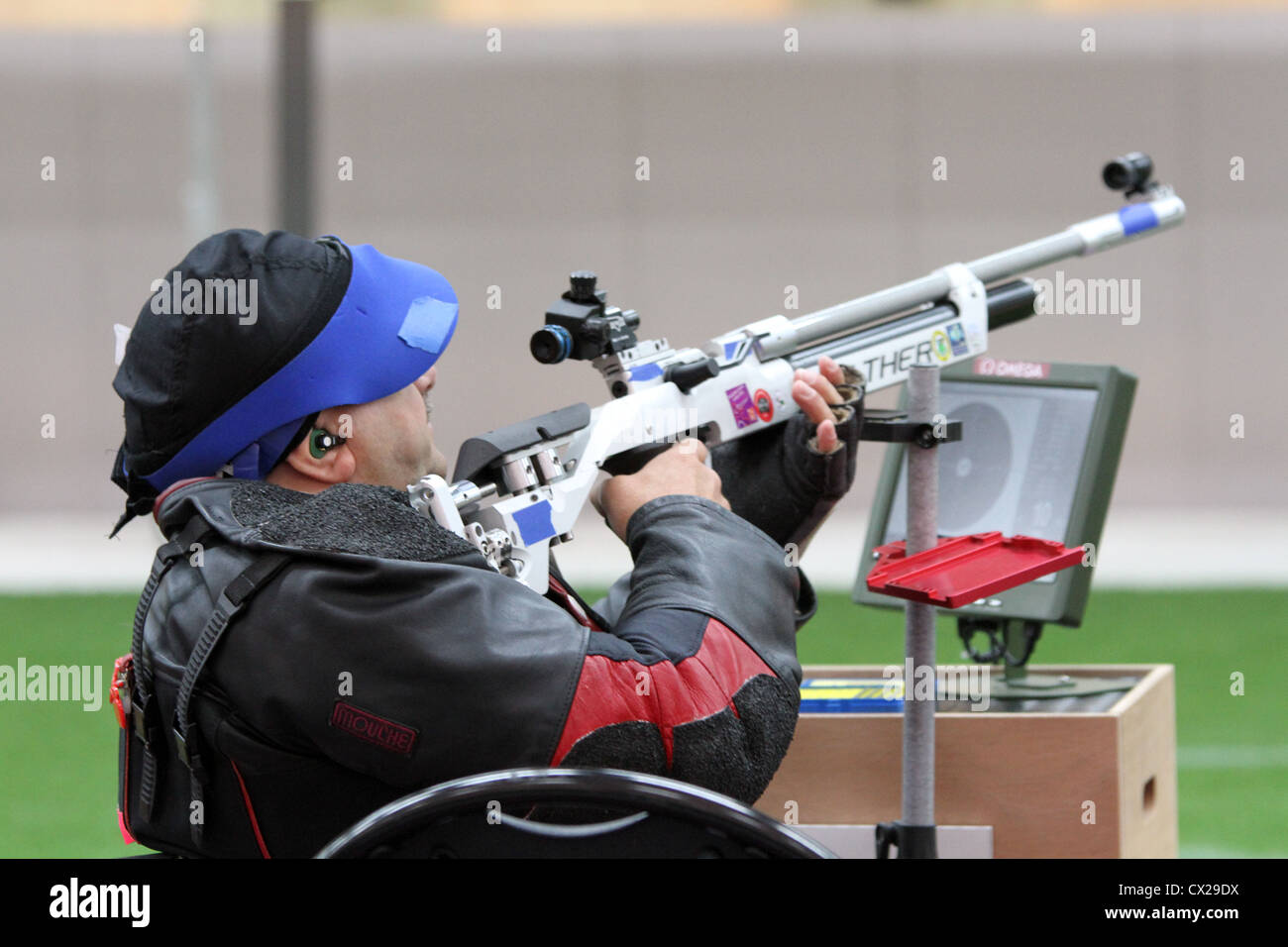 Jacopo Cappelli of Italy in the Men's R1-10m Air Rifle Standing SH1 shooting competition at the Royal artillery barracks. Stock Photo