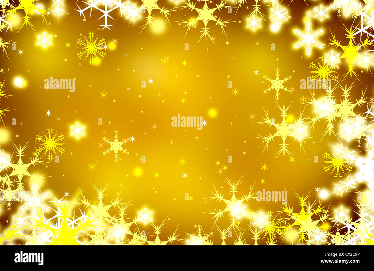 Yellow Christmas background textured with flakes of snow Stock Photo