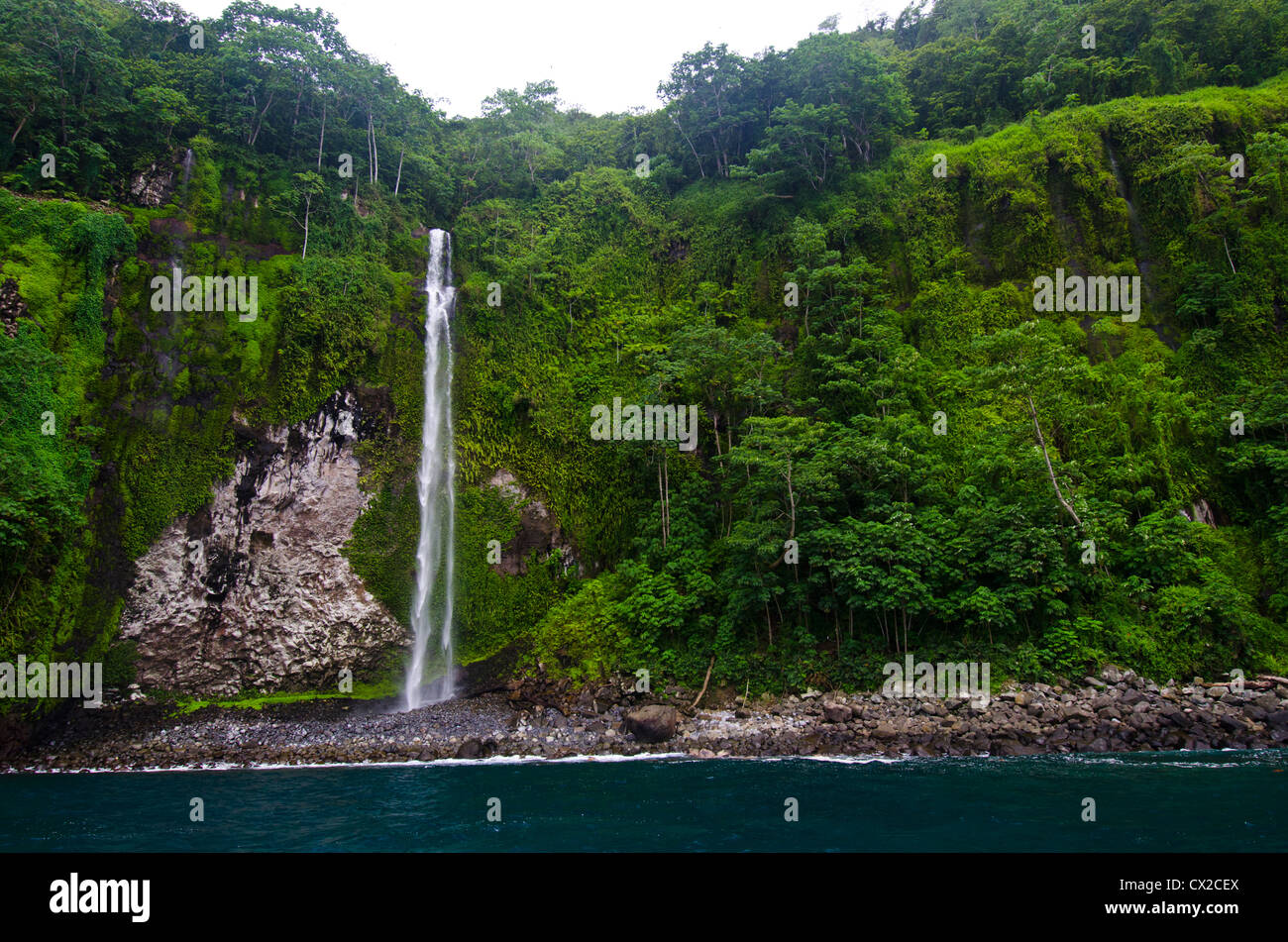 Cocos Island, Costa Rica, water fall, island, tropical island, vegetation, lush, uninhabited island Stock Photo