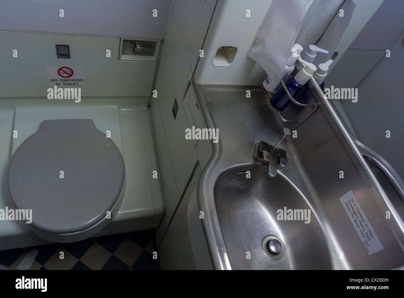 Onboard British Aiways Flight, Toilets, Boeing 757 Plane Stock Photo