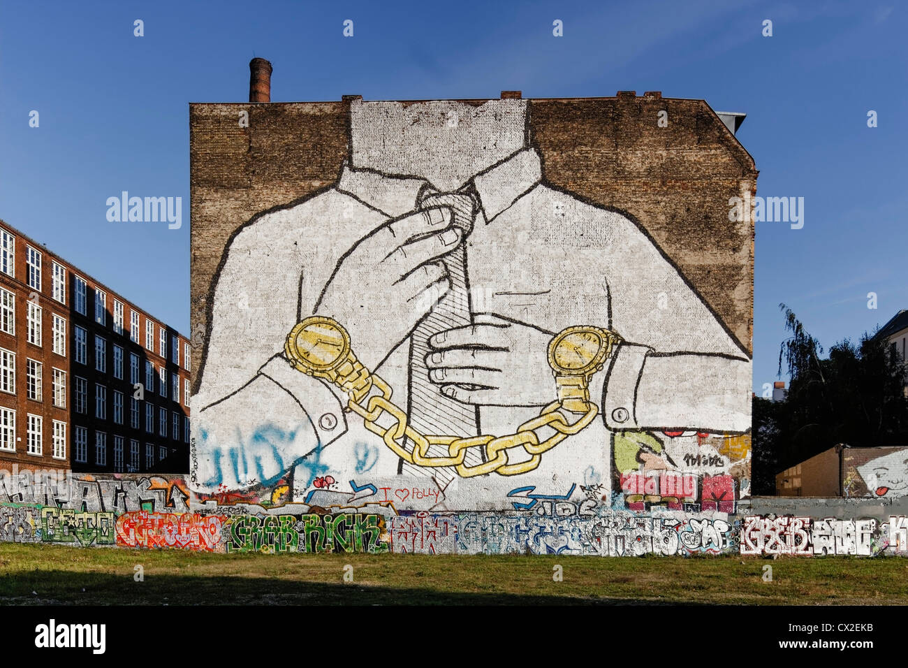 Panorama of Mural on firewall in Kreuzberg by italian artist Blu , Berlin, Germany Stock Photo