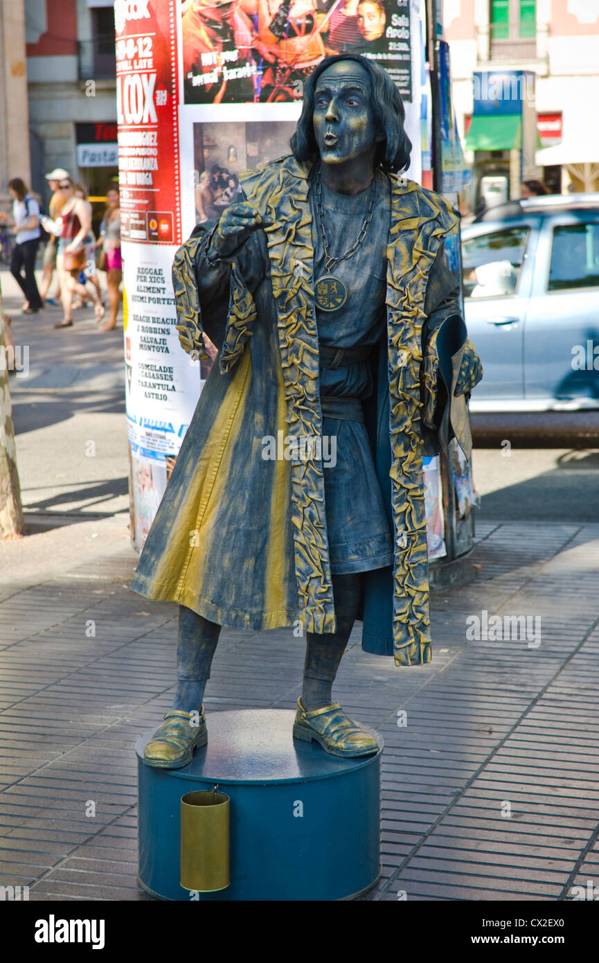 Christopher Columbus human statue posing for tourists on Las Ramblas Barcelona Catalonia Spain ES Stock Photo