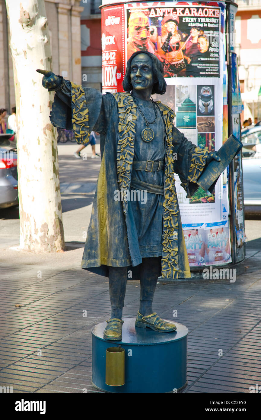 Christopher Columbus human statue posing for tourists on Las Ramblas Barcelona Catalonia Spain ES Stock Photo