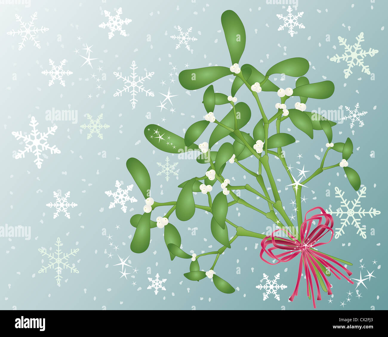 an illustration of a bouquet of mistletoe tied with satin red ribbon on ...