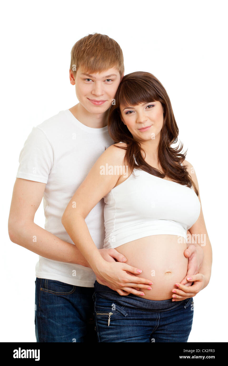 Young loving couple waiting baby isolated on white Stock Photo - Alamy