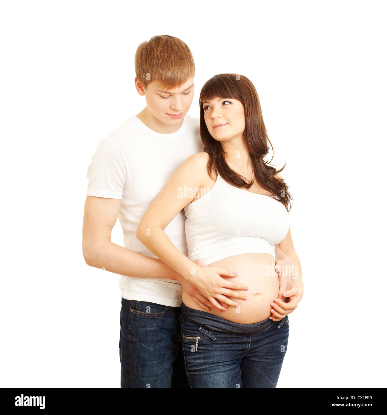 Young loving couple waiting baby isolated on white Stock Photo - Alamy