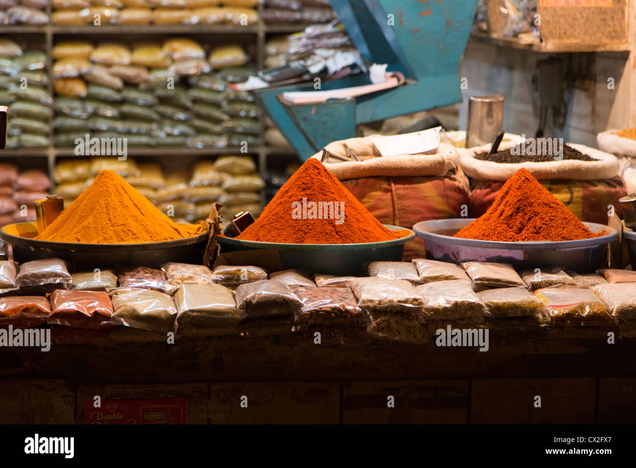 spices on display in a night market in New Dehli, India Stock Photo