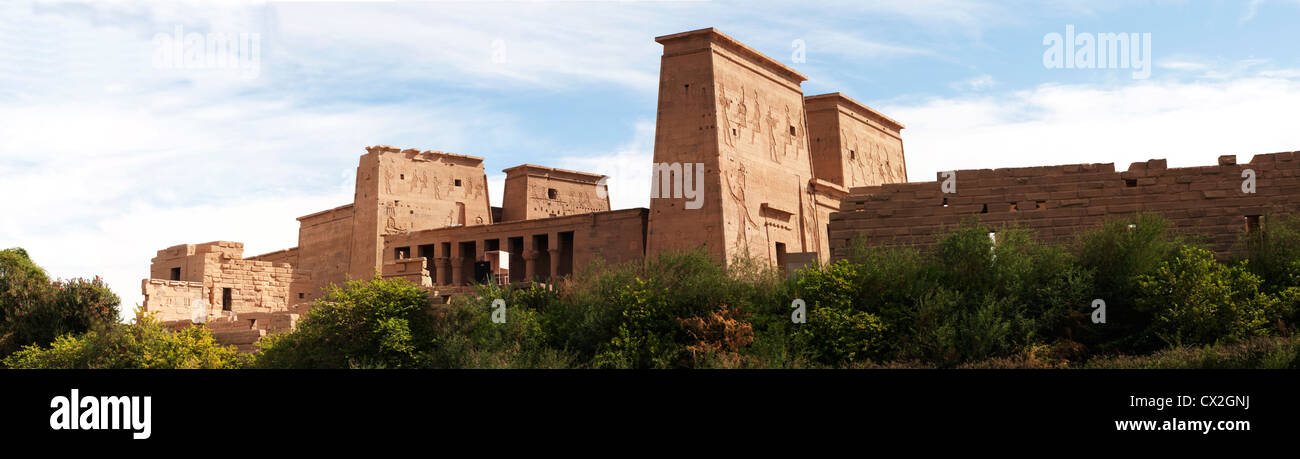 Panorama of the ancient Temple of Philae dedicated to the Goddess Isis near Aswan, Egypt Stock Photo