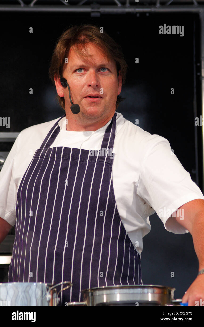 TV celebrity chef James Martin giving public cookery demonstration at