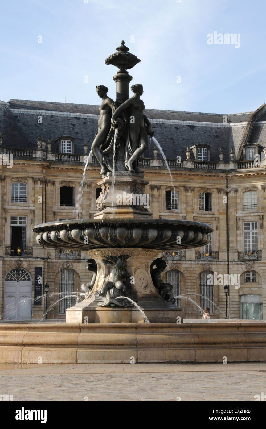 Fountain and Buildings, Place de la Bourse, Bordeaux, France Stock Photo