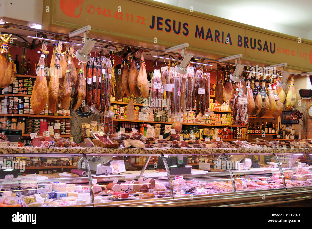 Charcuterie stall in the market in the Northern Spanish town of San Sebastian Stock Photo