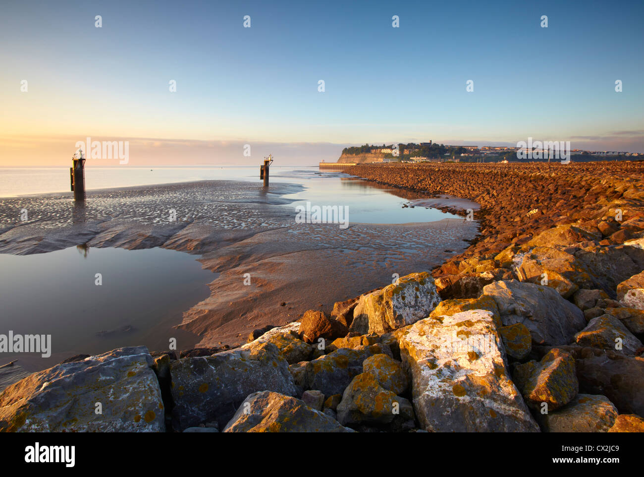 Cardiff Barrage and mudflats, Cardiff Bay, low tide, early morning. Stock Photo