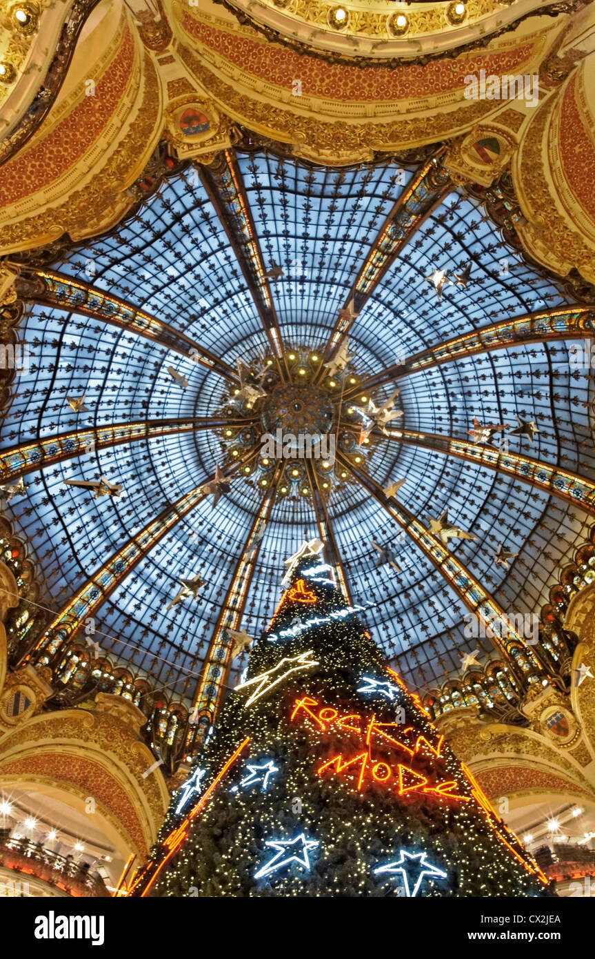 Galerie Lafayette christmas tree under glas dome , Paris , France Stock Photo