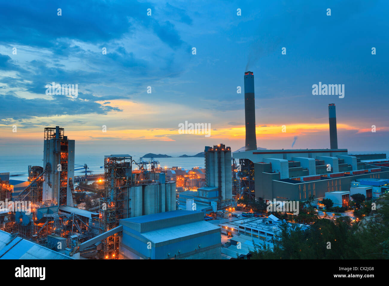 Power plants in Hong Kong at sunset Stock Photo