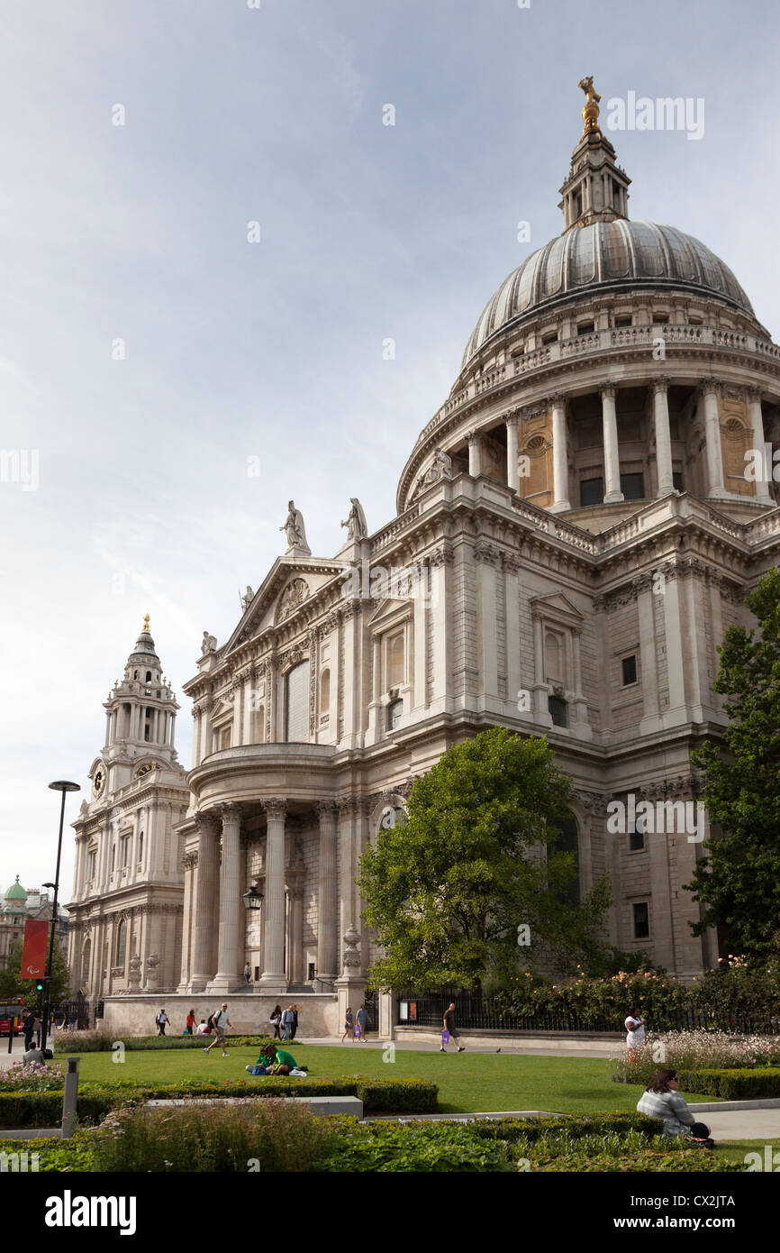 South facing facade of Saint Paul's Cathedral with gardens and dome. Stock Photo