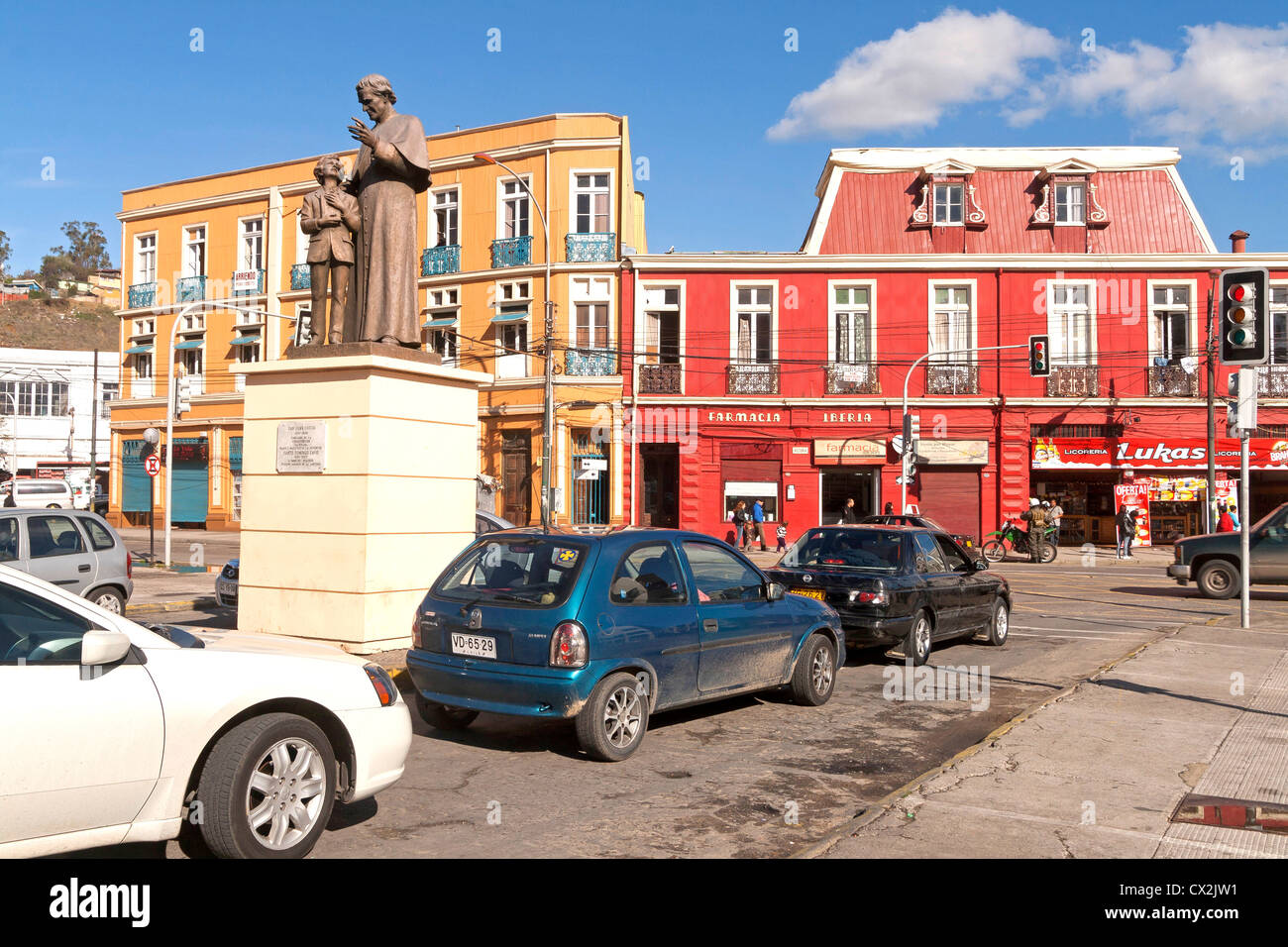 View of colorful buildings, downtown Valparaiso city, Chile Stock Photo