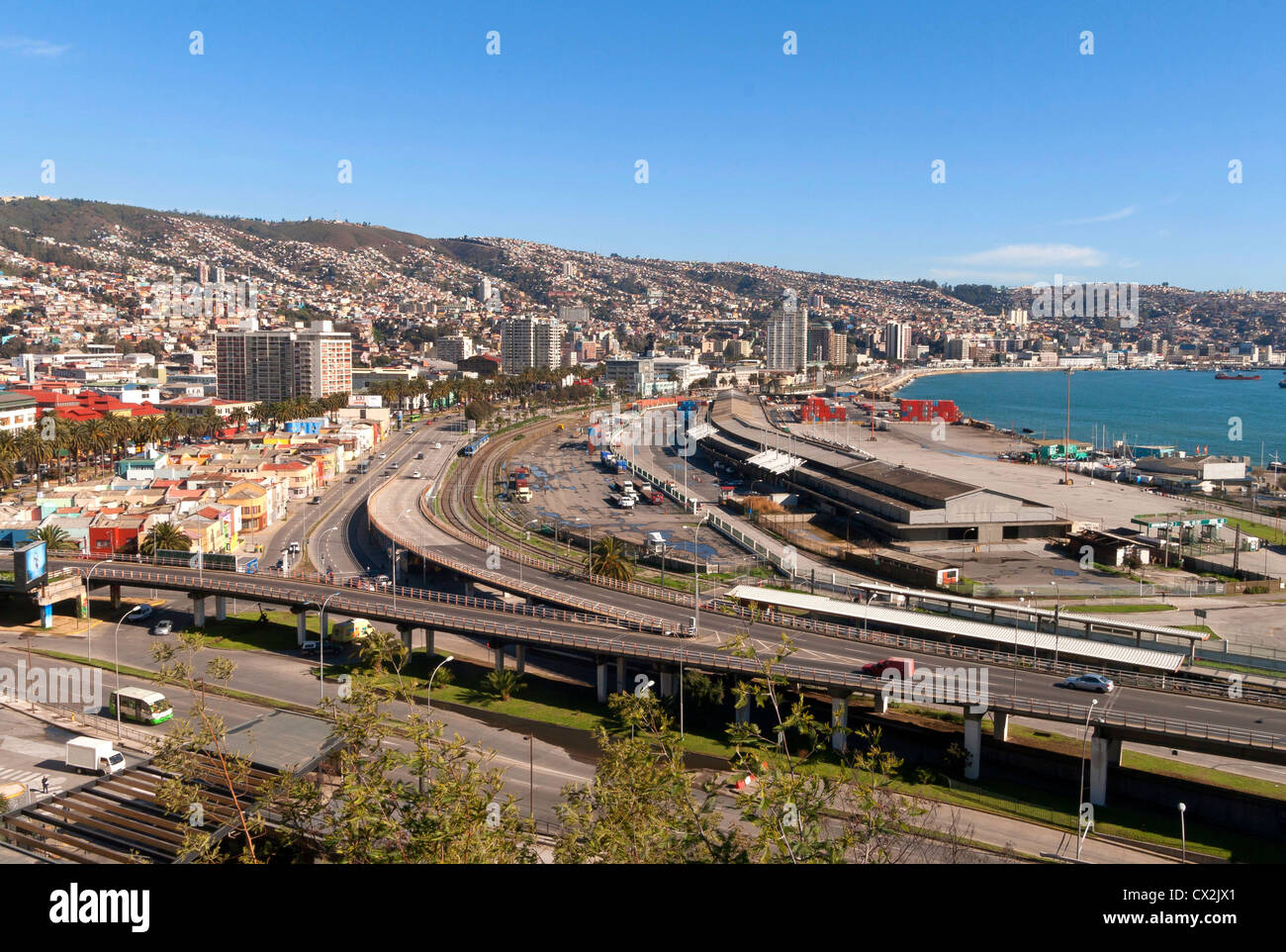 View of Valparaiso and the hills from ascensor Baron, highways going to Vina del Mar in the front Stock Photo