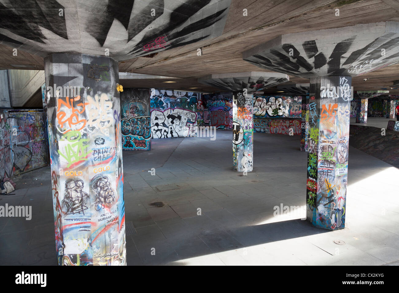 grafitti covered pillars on the south bank of the thames near waterloo bridge Stock Photo Alamy