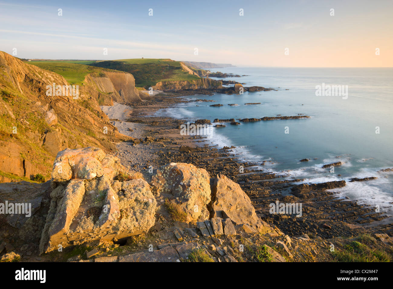 Clifftop vista of Blegberry Bay and Hartland Quay from Damehole Point