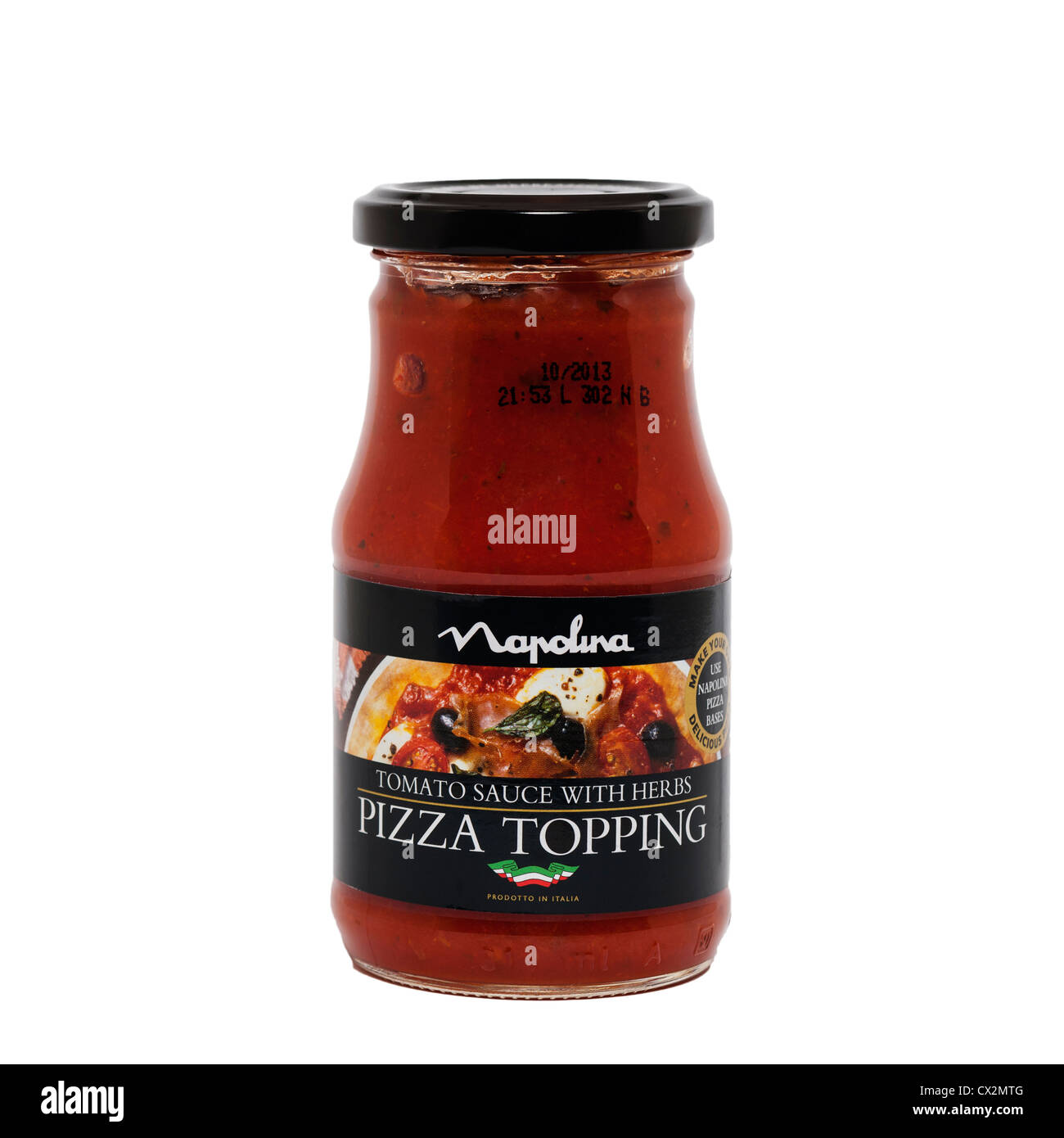 A jar of napolina tomato sauce with herbs pizza topping on a white background Stock Photo