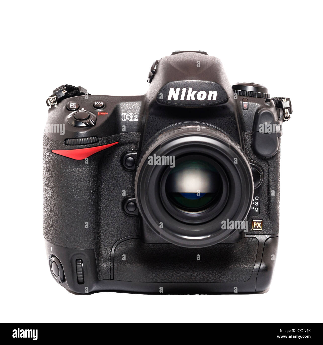 A Nikon D3x flagship model DSLR professional grade digital camera on a white background Stock Photo