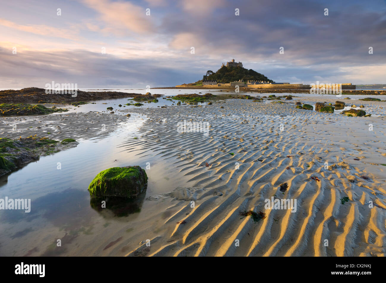 Low tide over Mounts Bay looking towards St Michaels Mount, Cornwall