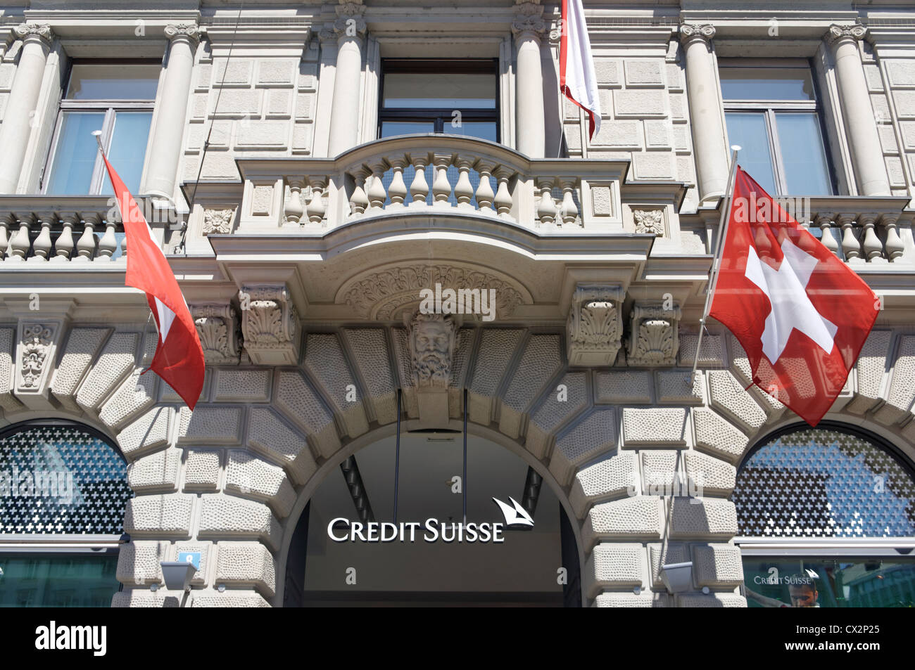 Paradeplatz, UBS, Credit Suisse, Swiss flags,1. August, national holyday, Switzerland, Zurich,  Stock Photo