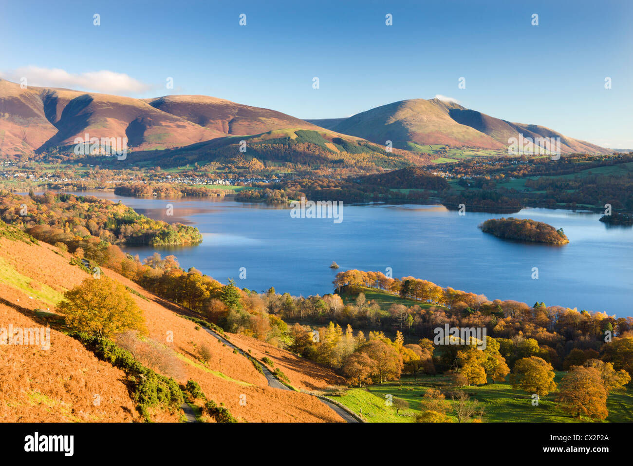 Derwent Water Skiddaw and Blencathra from the slopes of Catbells, Lake District National Park, Cumbria Stock Photo